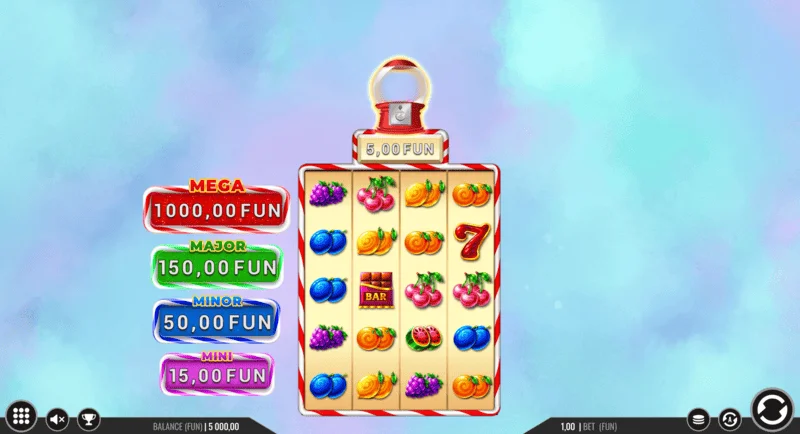 Sweet Candy Cash Stash - ekrani i lojës me kolonat dhe butonat e kontrollit